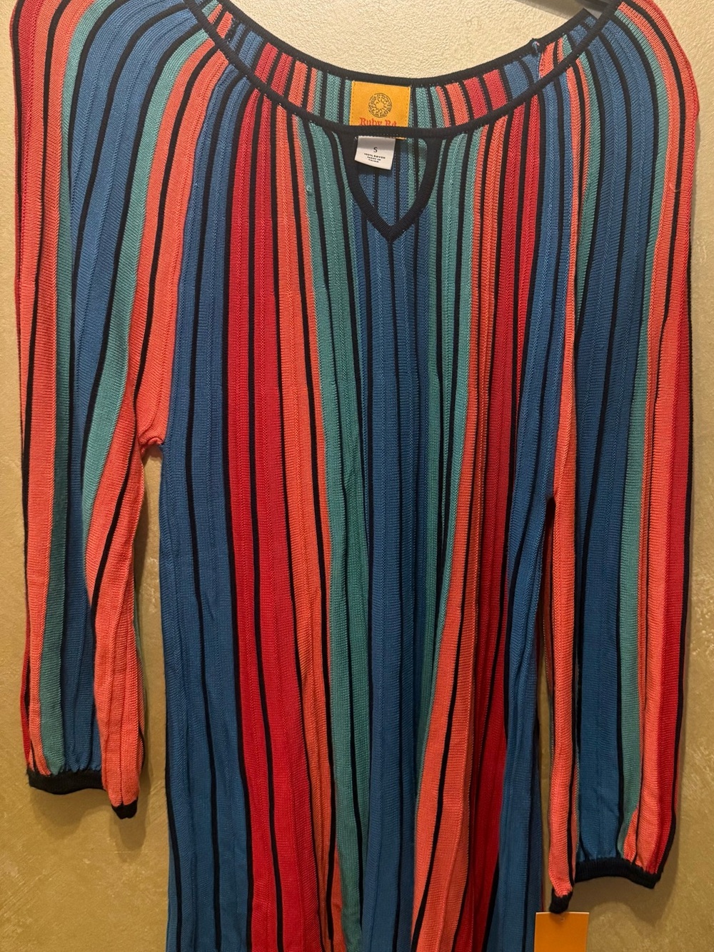 Ruby Rd. Multicolor Vertical Stripe Long Sleeve Top - Blue/Coral/Teal/Red